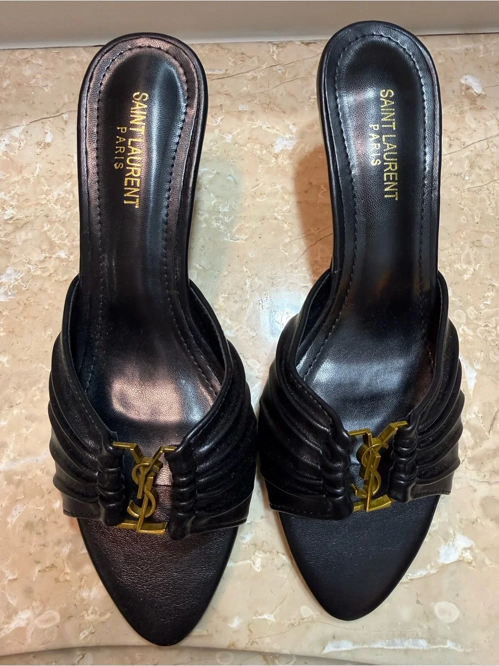 Saint Laurent Black Leather Slide with Gold Logo - Picture 5 of 5
